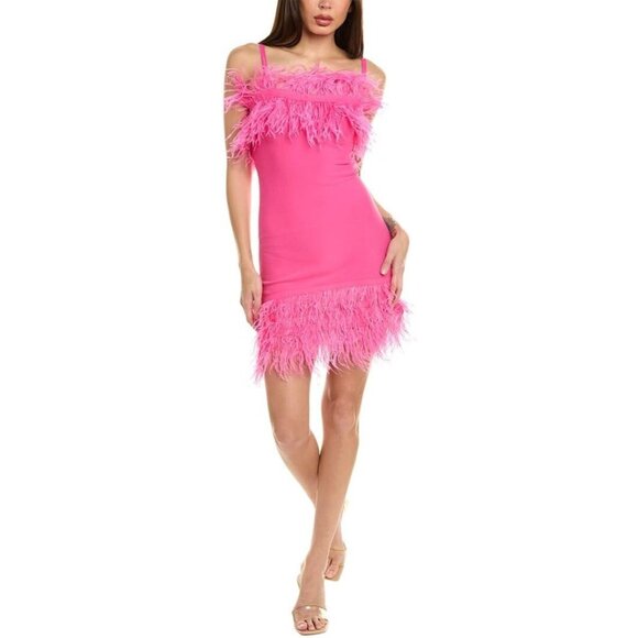 STAUD Women's Bright Pink Etta Feather Trim Mini Dress Size Small New with Tags - Picture 3 of 3